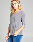 e Luna Striped Jersey Lace Up Neck Casual Top