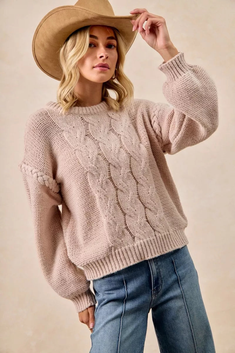 BiBi Cable Knit Sweater with Shoulder Braid Detail