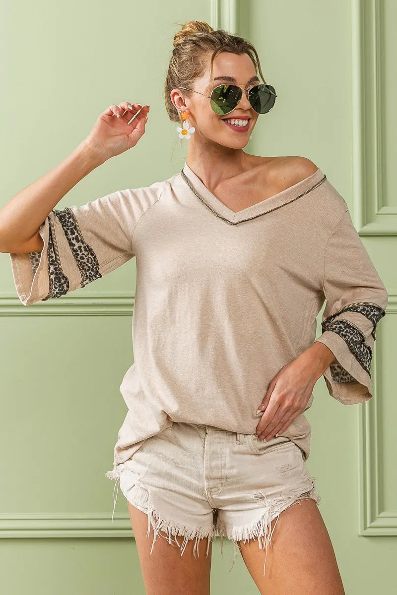 BiBi Triblend Knit Top with Leopard Band Detail in Oatmeal