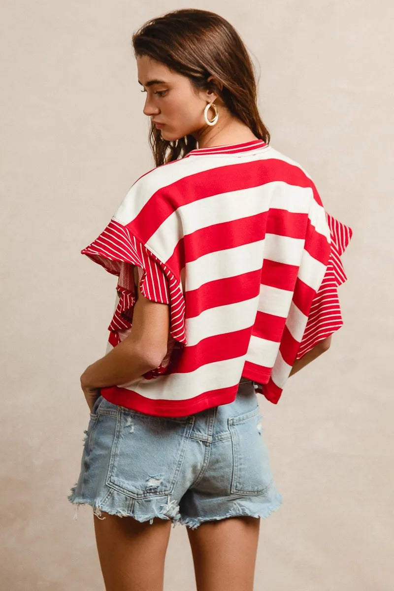 BiBi Stripe Mixed Ruffle Sleeve Top With Leopard Letter