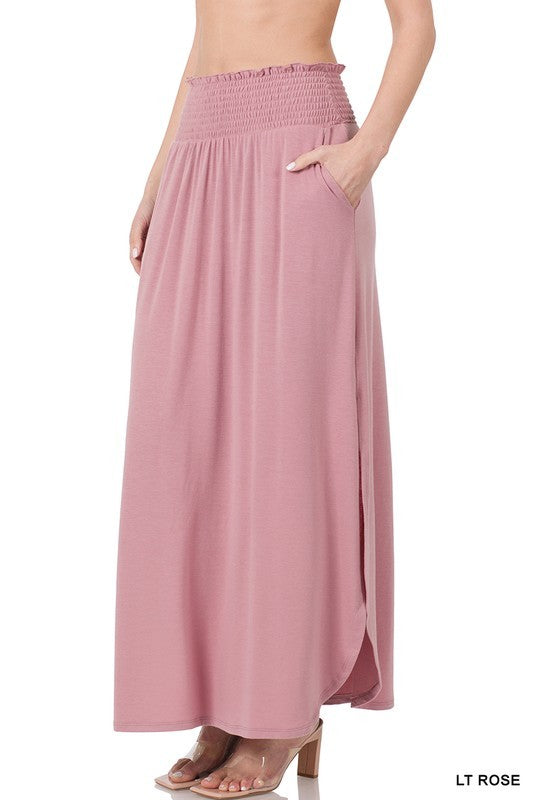 Zenana Smocked Waist Maxi Skirt With Pockets - Online Only