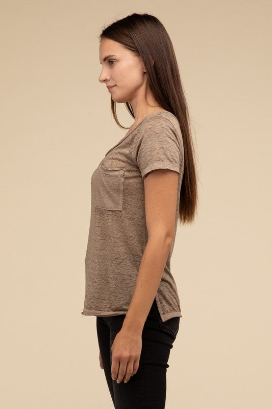 ZENANA Washed Melange Burnout Scoop V-Neck Top