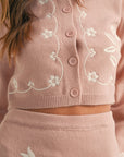 MABLE Floral Embroidered Crop Cardigan and Ruffled Mini Skirt Set