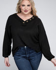 Zenana Plus Brushed Waffle V-Neck Button Detail Sweater