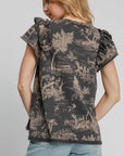 Umgee Ruffled Landscape Print Short Sleeve French Terry Top