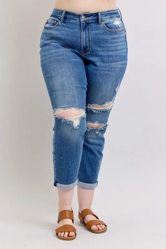 Judy Blue Full Size Mr Vintage Wash Boyfriend Fit W/ Destroy Jeans Plue Size