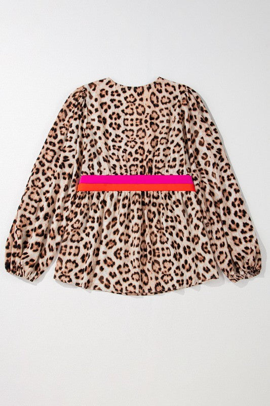 Cheetah Colorblock V-Neck Babydoll Blouse