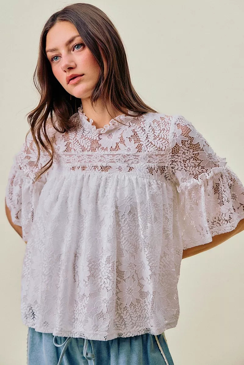 SO ME Lace Ruffled Short Sleeves Swing Top