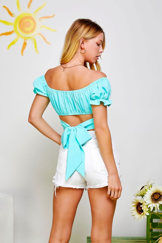 Off  Shoulder Pleated Crop Top with Back Ribbon Tie