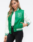 Love Me Now PU Leather Contrast Snap Down Bomber Jacket