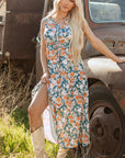Floral Buttoned V-Neck Tie Waist Maxi Dress
