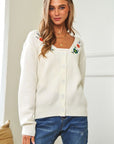 Davi & Dani Flower Embroidered Button Up Long Sleeve Cardigan