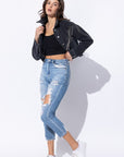 Cropped Denim Jacket with Rhinestone Fringe