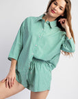 2pcs Set Soft Woven Striped Overshirt & Shorts