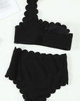 Women Black Solid Scalloped One-Shoulder Bikini