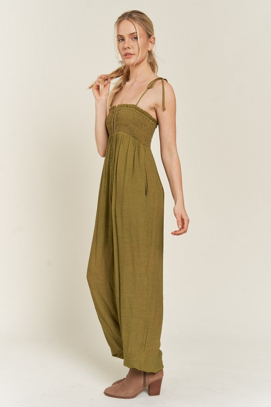 Jade By Jane Smocked Tie Strap Jumpsuit