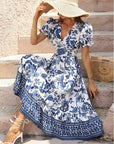 Women Short Sleeve V Neck Floral Maxi Dress