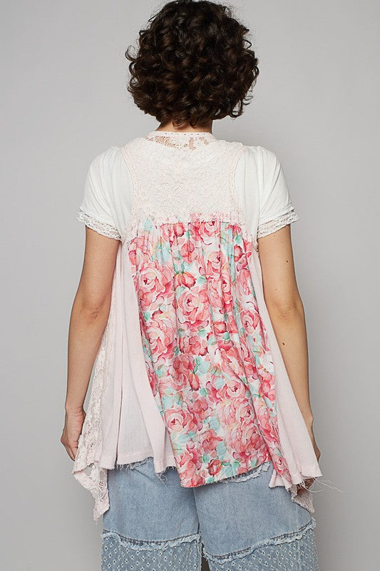 POL Lace Patchwork Floral Open Front Sleeveless Cardigan