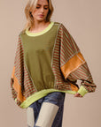 BiBi Color Block Striped Round Neck Sweatshirt