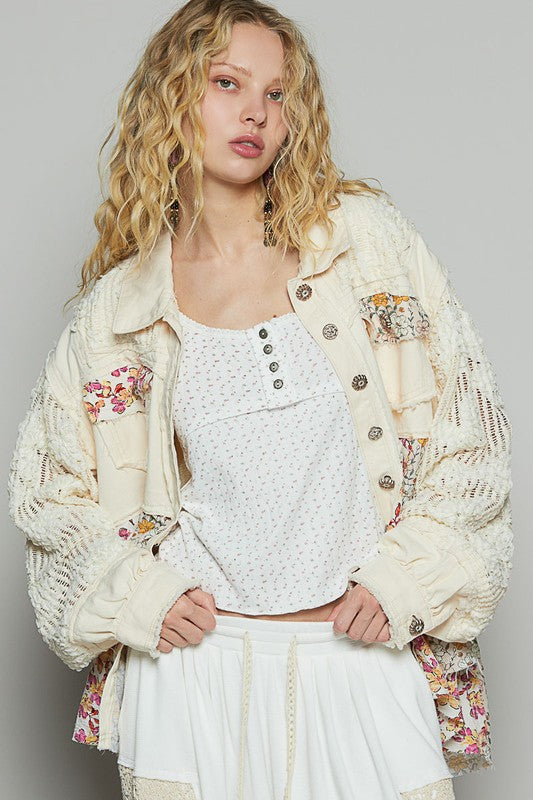 POL Floral Crochet Lace Frayed Edge Button Up Shacket