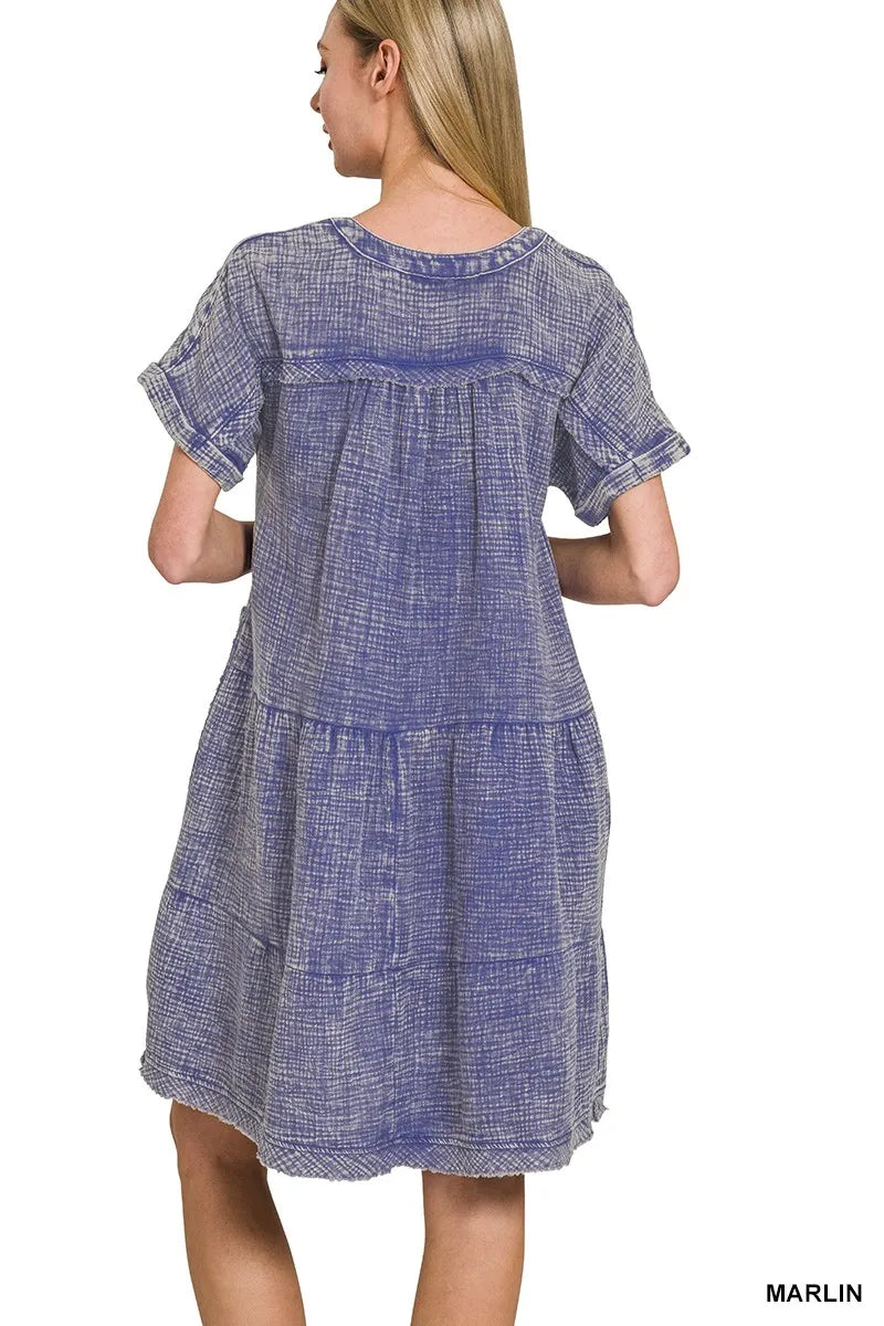 Zenana Washed Double Gauze Raw Edge V-neck Dress in Marlin