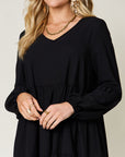 Double Take Full Size V-Neck Balloon Sleeve Tiered Dress with Pockets