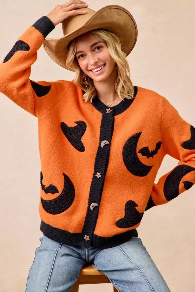 BiBi Halloween Witch Hat Moon Bat Artwork Cardigan