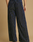 Umgee Full Size Elastic Waist Striped Wide Leg Velvet Pants