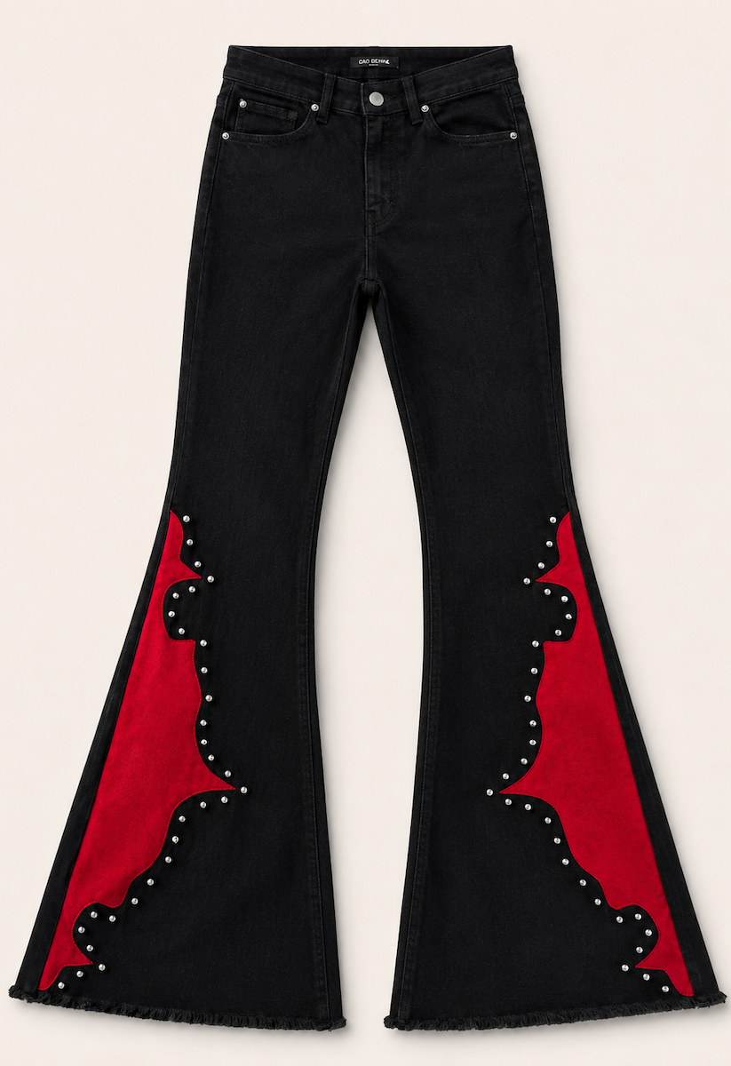 GJG Denim Rockstar Rouge Flare Jeans — Lipstick Red Suede Panels