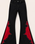GJG Denim Rockstar Rouge Flare Jeans — Lipstick Red Suede Panels
