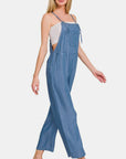 Zenana Washed Adjustable Strap Wide Leg Denim Overalls