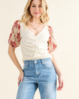 And The Why Full Size Floral Print Textured Sleeve Knit Top