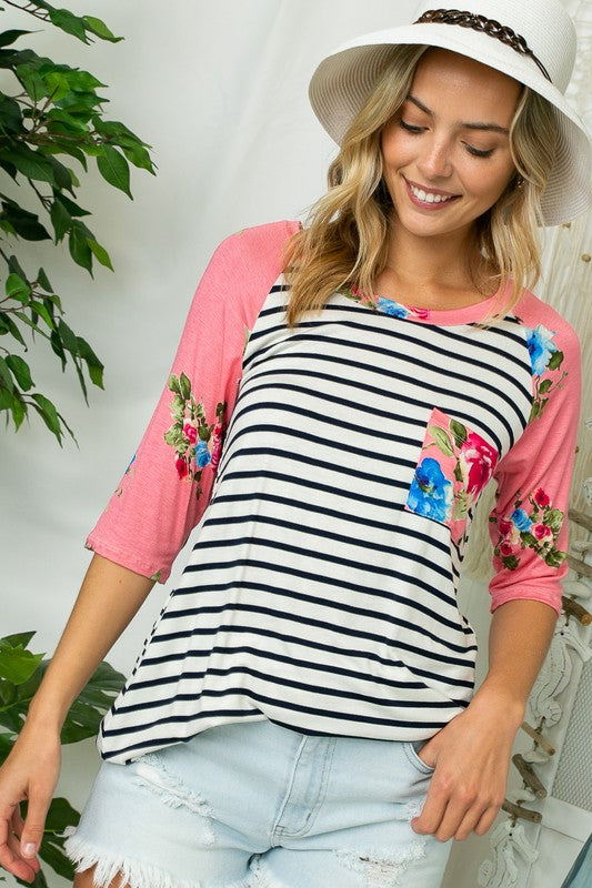 e Luna PLUS Striped Floral Print Top