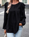 Women Eyelet Ruffle Shoulder Long Sleeve Blouse