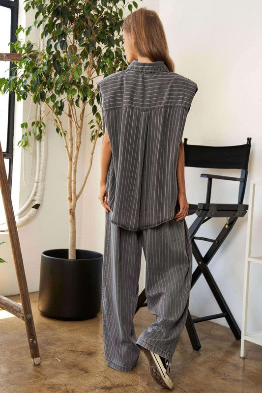 Davi &amp; Dani Stripe Button Down Shirt and Long Pants Set