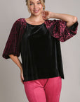 Umgee Round Neck Leopard Balloon Sleeve Velvet Top