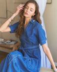 ADORA Tiered Button Down Tie Waist Short Sleeve Denim Dress