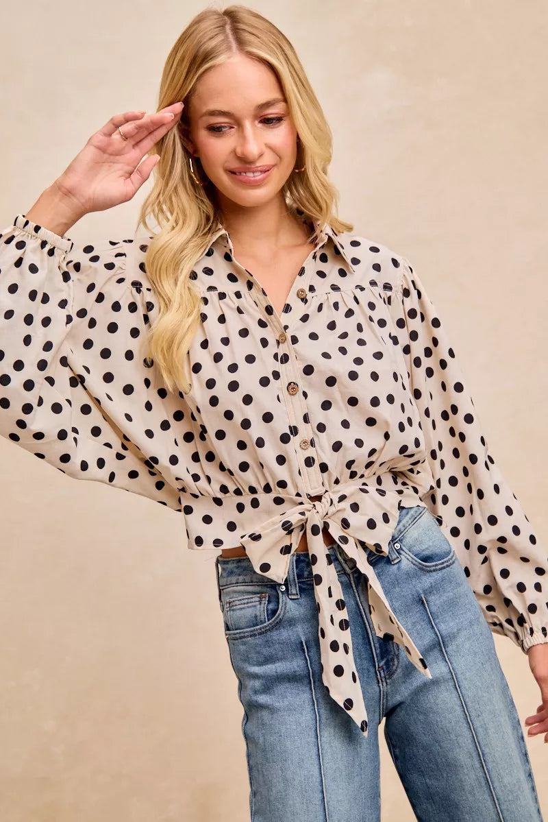 BiBi Polka Dot Print Tie Hem Detail Crop Shirt