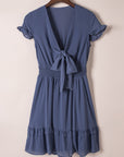Deep V-Neck Knotted Front Layered Flare Mini Dress