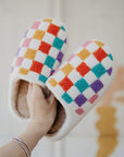 White Vibrant Checkered Plush Thermal Slippers