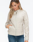 Snobbish PU Leather Biker Jacket with Side Zip Pockets