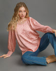 Umgee Wrinkled Round Neck Lantern Sleeve Blouse