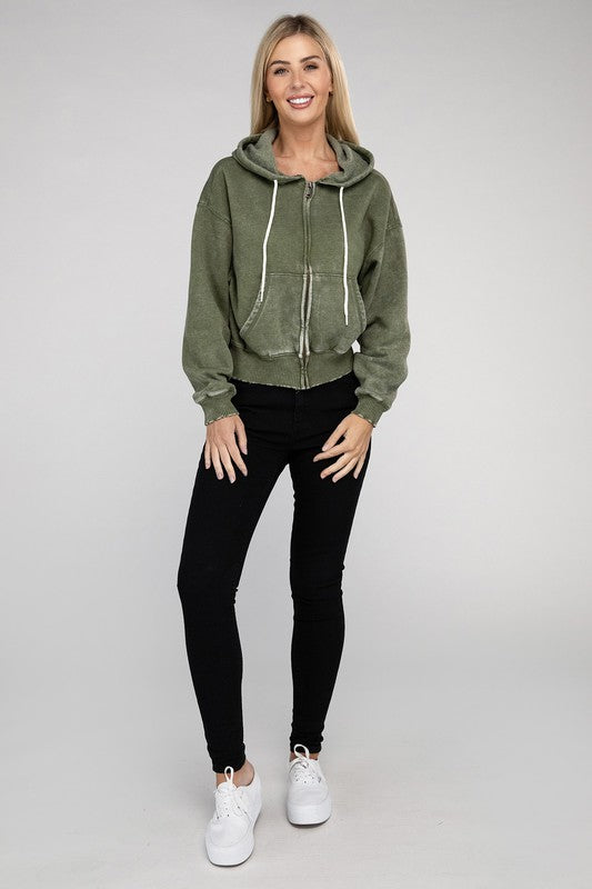 ZENANA Acid Wash Fleece Cropped Zip-Up Hoodie