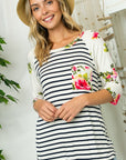 e Luna Striped Floral Print Pocket Top