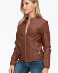 Snobbish Faux Leather Biker Jacket with Side Zip Pockets