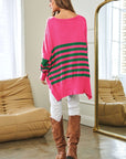 Davi & Dani Multi Striped Elbow Patch Loose Fit Sweater Top