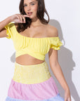 Off  Shoulder Pleated Crop Top with Back Ribbon Tie