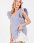 Ces Femme Striped V-Neck Ruffled Cap Sleeve Blouse