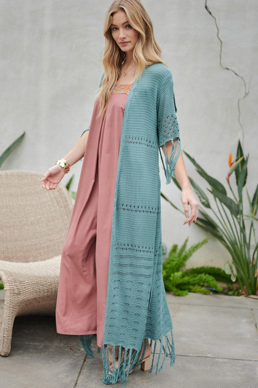 Davi &amp; Dani Solid Long Cardigan With Fringe