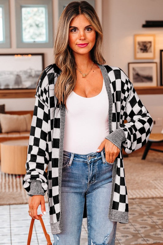 Checker Open Front Drop Shoulder Cardigan